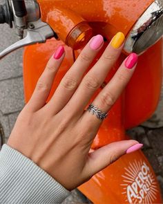 Multi Colored Pedicure, Multicolor Solid Nails, Multiple Color Nails Summer, Three Color Manicure, 3 Different Color Nails, Summer Multicolor Nails, Nail Color Scheme Ideas, Nail Inspo Different Colors, Solid Multi Color Nails