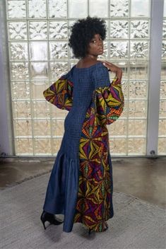 African Print Denim Smock Dress Print Denim, Printed Denim, Bell Sleeve Dress, Smock Dress, Matching Dresses, Dress First, African Print, Head Wraps, Bell Sleeve