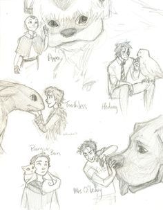 some drawings of people and animals in different poses