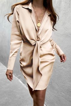 Aja Mini Dress - Champagne | JAUS Short Shirt Dress, Club Fashion, Dresses Satin, Silk Satin Dress, Office Dresses For Women, Pencil Skirt Dress, Khaki Dress, Turndown Collar, Satin Mini Dress