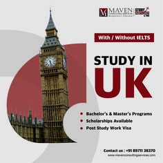 a poster with the words study in uk and big ben on it's side