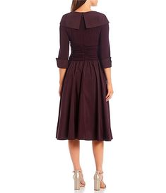 Jessica Howard Petite Size Portrait Collar 3/4 Sleeve Ruched Blouson Dress | Dillard's Fitted Midi Dress With Ruched Bodice For Fall, Long Sleeve Gathered Skirt Fall Dress, Long Sleeve Dress With Gathered Skirt For Fall, Fall Dresses With Gathered Skirt, Formal Ruched Dresses With 3/4 Sleeves, Ruched 3/4 Sleeve Party Dress, Elegant Dress With Gathered Neckline For Fall, Ruched Party Dress With 3/4 Sleeves, Long Sleeve Dress With Gathered Skirt