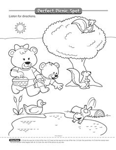 a coloring page with the words perfect picnic spot and an image of a bear holding a basket