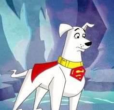 a cartoon dog wearing a red and yellow superman cape