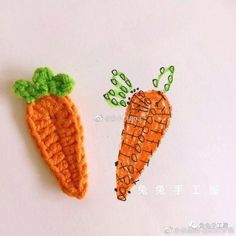 two crocheted carrots with green leaves on them, one is orange and the other is brown