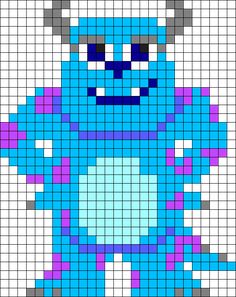 a blue and purple teddy bear is shown in the middle of a cross stitch pattern