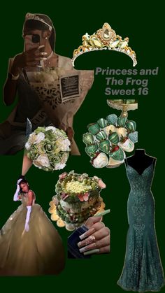 princess and the frog sweet 16 collage with dress, tiara, gown, bouquet