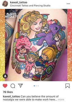 the back of a woman's thigh with cartoon tattoos on it