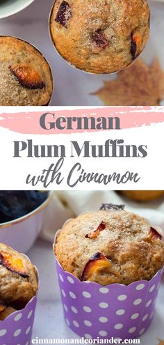 three muffins with cranberries in them and the title overlay reads german plum muffins with cranberries