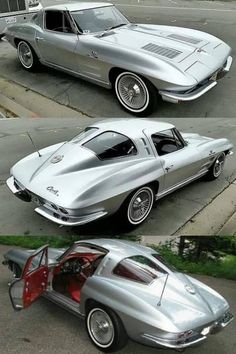 two pictures of the same car, one in silver with red interior and one in white