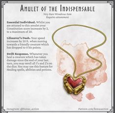 a necklace with a heart in the middle and an information card below it that says,'amulet of the indspensable '