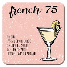 the french 75 cocktail coaster is shown on a pink background