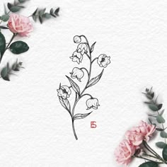 some pink flowers and green leaves on a white paper with the letter b in it