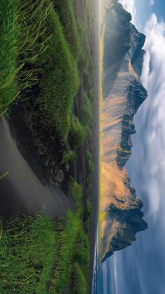 an aerial view of the ocean with grass and sand on both sides, as seen from above