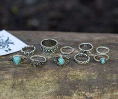 Product Details: Pack of 10 Multiple boho inspired designs Antique-tone finish Stone embellishment One size fits all Made from Alloy and Stone Old Symbols, Celestial Ring, Turquoise Rose, Rose Ring, Moon Earrings, Stackable Rings, Bracelet Designs, Ring Set, One Size Fits All