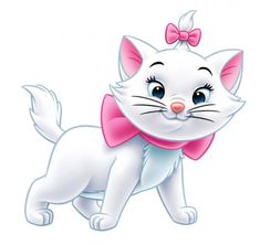 a white cat with a pink bow on it's head is standing in front of a white background