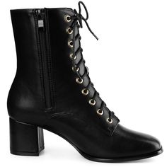 These chic square-toe booties are designed with a front lace-up, and side zipper and feature a block heel for a contemporary update. And they can allow the toes to move comfortably. Lace Up Ankle Boots; Square Toe; Chunky Heels; Block Heel; Side Zipper; Vamp: Faux Leather; Outsole: Rubber; Heel: ABS; Heel Height: 2 3/8 inches; Shaft Height: 6 1/2 inches. Fall Lace-up Boots With Square Toe And Reinforced Heel, Fall Lace-up Boots With Reinforced Heel And Square Toe, Chic Square Toe Lace-up Boots For Fall, Chic Lace-up Boots With Block Heel And Medium Width, Chic Lace-up Boots With Block Heel, Lace Up Chunky Heels, Combat Boots Black, Ankle Combat Boots, Womens Chunky Heels