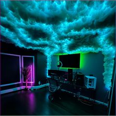 Lightning Cloud, Cloud Light, Bedroom Redesign, Green Kitchen Cabinets, Cloud Lights, Laser Light, Man Room, Gamer Room, Game Room Design