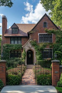 an old brick house with ivy growing all over it's walls and gated entrance