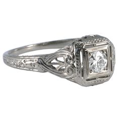 For Sale at Antique & Vintage Elegance, online jewellery: 18ct White Gold, old-cut Diamond Solitaire Ring w. openwork filigree detail. A marvellous vintage engagement ring from the 1920s, or divine dress ring! Free shipping Australia-wide. #ArtDecoEngagementRing #VintageEngagementRing #FiligreeRing #ArtDecoRing #VintageDiamondRing #ArtDecoDiamondRing #AntiqueDressRing #AntiqueJewellery Filigree Engagement Ring Vintage, Filigree Jewellery, Filigree Engagement Ring, Filigree Jewelry