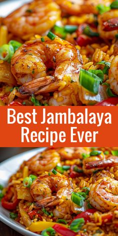 the best jambalya recipe ever with shrimp, peppers and rice in a skillet