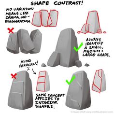 how to draw rocks with different shapes and sizes, including the shape of each rock