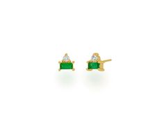 These Emerald Baguette and Diamond Stud Earrings are available in 14k yellow gold. Can be worn alone or in a second or third hole. Great gift item for anyone who loves emeralds. Approximately 0.15"x 0.15" Post and Clutch Green Baguette Cut Earrings For Gifts, Yellow Gold Baguette Earrings For Gift, Baguette Yellow Gold Earrings As Gift, Baguette Yellow Gold Earrings For Gift, Going Green, Diamond Stud Earrings, Diamond Stud, Diamond Jewellery, Diamond Earrings Studs