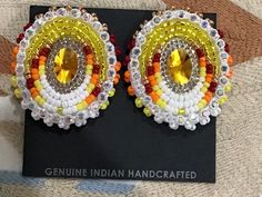 Authentic Beautiful Navajo Handcrafted Pow Wow Fancy Dancer Hand Beaded Earrings with Leather Backing. Embellished with Swarovski Crystals. Handcrafted by Navajo Artist R. Sellers Perfect for a Gift❤️ Indian Jewelry Earrings, Gem Earrings, American Indian Jewelry, Beaded Earrings Tutorials, Native Beadwork, Native American Beadwork, Native Jewelry, Pow Wow, Star Gift