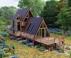 an artist's rendering of a house in the middle of a field with flowers and trees