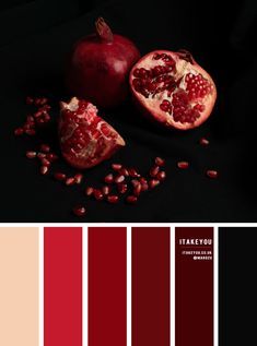 a pomegranate and some other fruits on a black background with color swatches