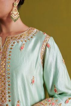 Mint green three fourth sleeves kurti in kora silk base with hand work of ambrosia fleur french knots, gota and kora dabka florals. Paired with a flared palazzo and embellished gota border organza dupatta. - Aza Fashions Elegant Ceremonial Sets With Gota Work, Pista Green Sets With Motifs For Festive Occasions, Pista Green Sets With Motifs For Festive Season, Festive Pista Green Sets With Motifs, Sleeves Kurti, Kurti Palazzo Set, Flared Palazzo, Kurti Palazzo, Green French