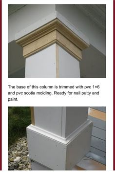 the base of this column is formed with 1 / 6 and 3 / 8 square moulding ready for nail putty and paint