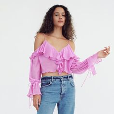 Nwt Zara Pink Ruffled Pleated Top. Size Medium. V-Neck Top. Spaghetti Straps With Exposed Shoulders And Long Sleeves With Tied Ruffled Cuffs. Ruffle Detail. Fuchsia | 0219/104 Bloggers Fav Zara Ruffle Tops, Pleated Crop Top, Cold Shoulder Crop Top, Zara Portugal, Zara Tops Blouses, Pleated Top, Pleat Top, Zara Crop Top, Zara Shirt