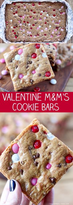 valentine m & m's cookie bars with chocolate chips and candy hearts on them