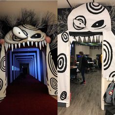 two images of an entrance to a building with monster heads on it