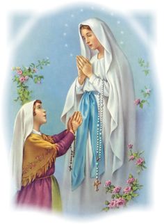 a painting of the virgin mary and jesus holding hands in front of flowers on a blue background