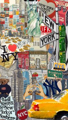 a collage of new york city with yellow taxi cab and street signs in the foreground