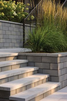 the steps are made of concrete and have grass growing on them, along with tall grasses