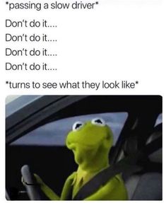 kermie the frog driving in a car with text that reads, passing a slow driver don't do it don't do it don't do it