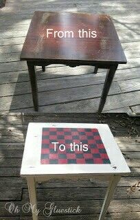 a table with a sign that says from this to this on it sitting on a wooden deck