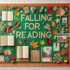 a bulletin board with leaves and pictures on it that says falling for reading freetun