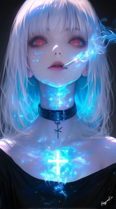 a woman with white hair and blue lights on her face is wearing a choker