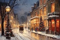 a painting of people walking down a snowy street with christmas lights on the buildings and trees