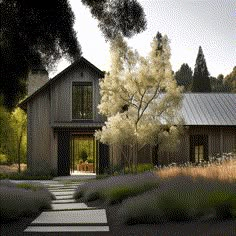 an artist's rendering of a house in the countryside with lavenders and trees