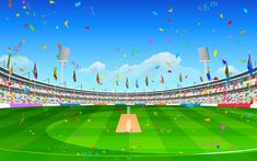 an illustration of a baseball stadium with confetti and streamers in the air