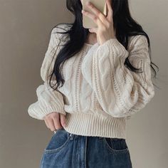 Solid Color Lantern Sleeve Square Collar Sweater Lantern Sleeve Sweater, Pullover Outfit, Collar Sweater, Knitting Women Sweater, Women Sleeve, Inspiration Mode, Casual Style Outfits, Knitwear Women, Long Sleeve Knit