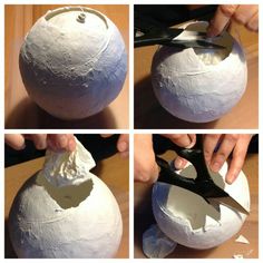 four pictures showing how to make a paper mache ball with scissors and glue on it