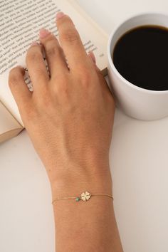 14k Real Gold Four Leaf Clover Bracelet with Turquoise Bead is chic, elegance, cute, meaningful and minimalist. The Shamrock symbolize luck.  This dainty gold clover bracelet is stunning alone . Also you can combine this Good Luck  Bracelet with your other bracelets. That is meaningful everyday bracelet.  Gold Clover Bracelet is a prefect gift for wife, valentine, best friend, bridesmaid, mother, daughter, sister.  D E T A İ L S * Material: 14k Solid Gold (Real Solid Gold, No Gold Plated or No G Turquoise Birthstone Bracelet, Turquoise Fine Jewelry Bracelets For Gift, Gold Flower Bracelet, Bracelet Clover, Four Leaf Clover Bracelet, Fishing Bracelet, Clover Jewelry, Good Luck Bracelet, Clover Bracelet