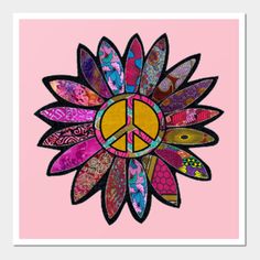 a peace sign on a pink background with an abstract flower design in the center,