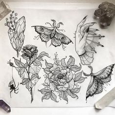 some flowers and butterflies on a sheet of paper